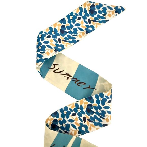 Slim Scarf Blue Floral 34in Satin Two Sided Nauticalcore Preppy No63 - Picture 16 of 16